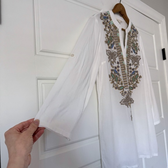 Luna Moon Floral Embroidered Tunic Top M Ivory Boho Sheer Roll Tab Sleeves Swim - Picture 5 of 11